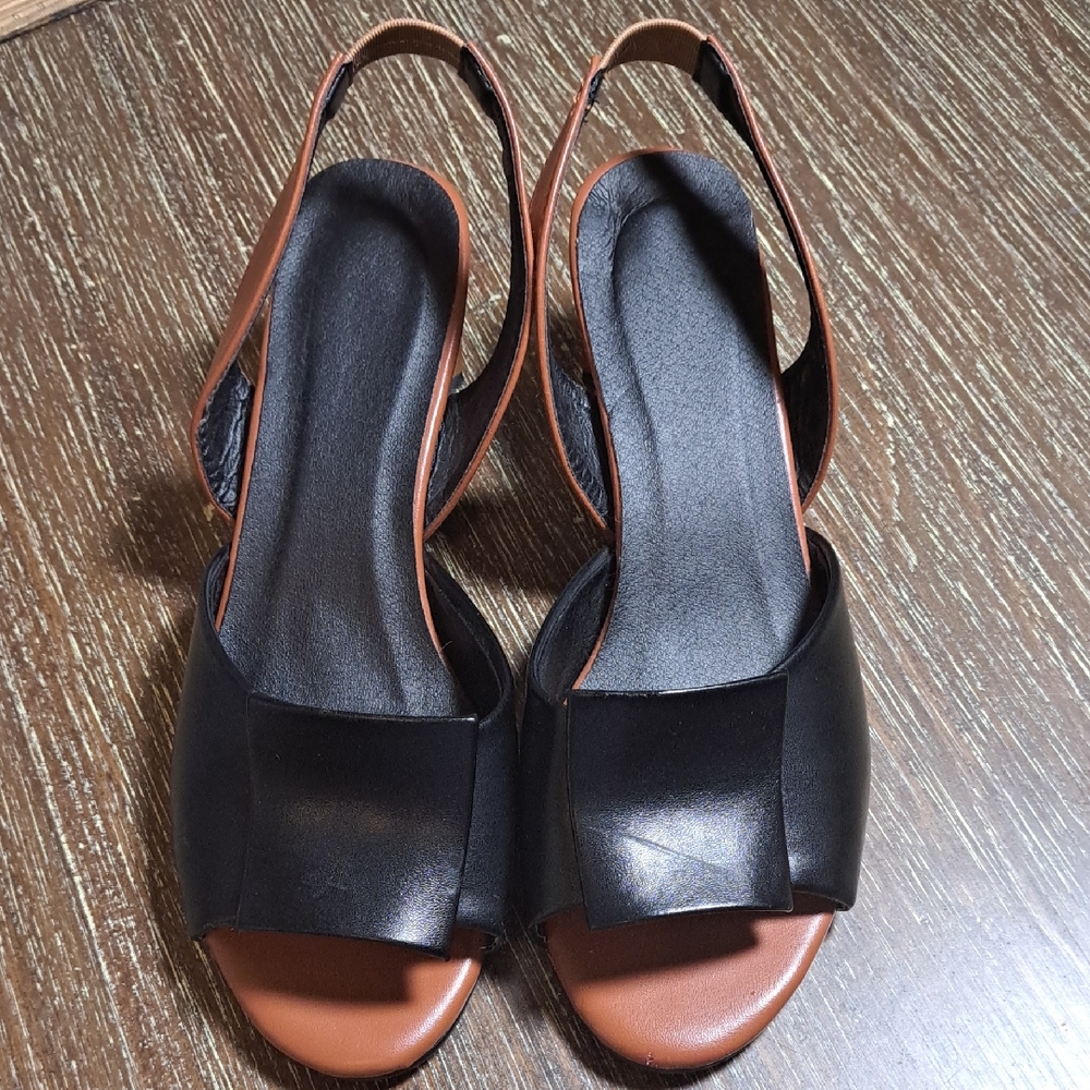 Premium Luxury Leather Fish Mouth Slingback Sandal Slip On Chunky Heel Size 11